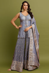 Blue Grey Tissue Zari Woven Butti and Mirror Worked Palazzo Suit